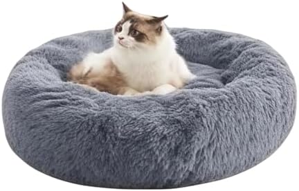 SALAN Calming Dog Bed for Small Dogs & Indoor Cats, 20 Inch Donut Pet Bed, Washable Round Fluffy Plush Faux Fur Cushion with Raised Rim & Anti-Slip Bottom, Soft Cozy Bed Fits Pets Up to 25 lbs (Khaki)