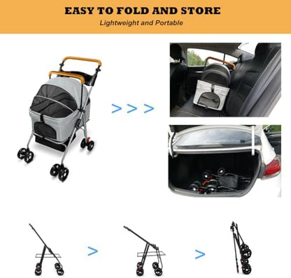 Pet Stroller with Storage Basket and Cup Holder, Folding Dog Jogger, Foldable Cat Stroller, 3 in 1 Puppy Kitten Cart, Pet Jogger for Medium Dog Cat (Gray)