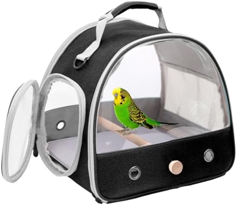 Bird Travel Carrier, Portable Small Bird Parrot Parakeet Carrier with Standing Perch and Mat, Side Access Window Collapsible (Black, Clear Windows)