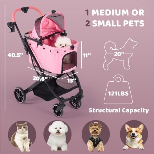 Dog Stroller for Small to Medium Dogs with Detachable Carrier, Pink