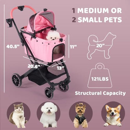 Dog Stroller for Small to Medium Dogs with Detachable Carrier, Pink