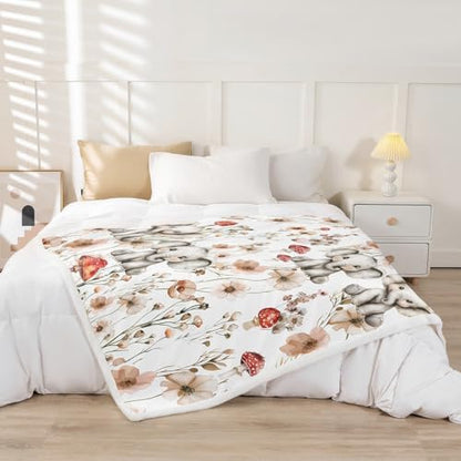 Erosebridal Kids Elephant Blanket Throw 90"x90",Mushroom Elephant Blankets and Throws for Girls Women,Wildlife Animal Print Fleece Blanket Country Style Floral Sherpa Blanket for Bed Couch Decor