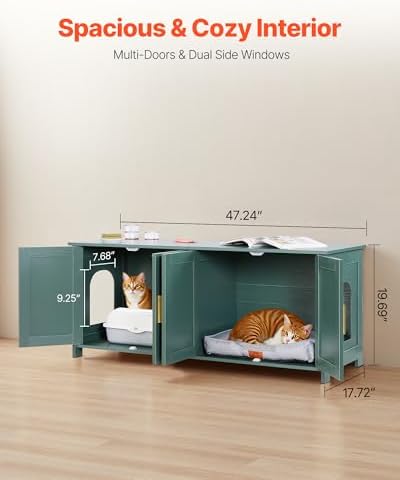 VEVOR Cat Litter Box Enclosure for Multi Cats, 47.2 in Hidden Litter Box Cabinet with 4 Doors & 2 Entries, Indoor Cat Washroom, Wooden Kitty House Furniture Side Table, Fit Most Litterboxes, Green