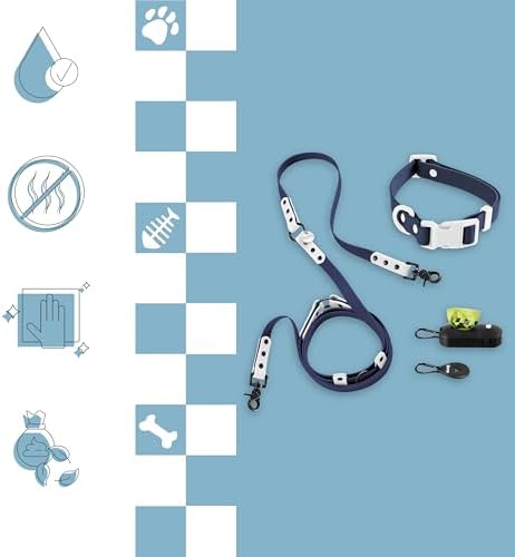 Medium Luna 8FT Adjustable 6-in-1 Waterproof Hands-Free Leash and Collar Set with LED Flashlight, Waste Bag Dispenser, and Poop Bag Holder, Navy White, Highball WLK1005J-5SET