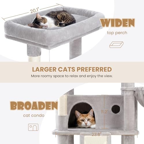 SHA CERLIN 81in Multi-Level Tall Cat Tree Tower for Indoor Kitties/Larger Cat Condo Furniture with Hammock/Cozy Pussycat Perches/Sisal Scratching Posts/Pet House/Wide Base/Grey
