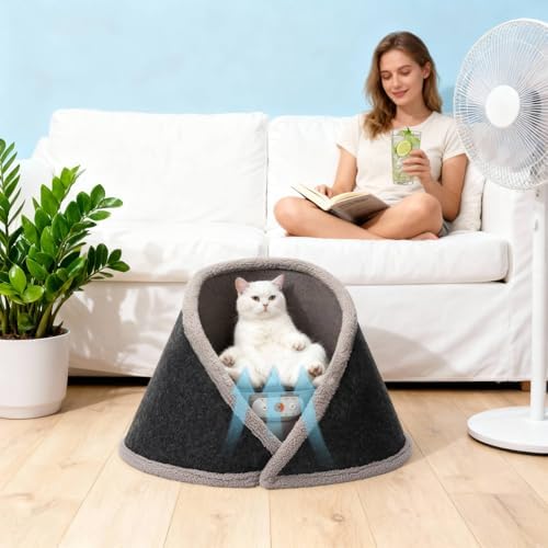 Heated & Cooling Cat Bed with 5 White Noise Modes, Cat Cave Bed with Mat Smart Temperature Control, Indoor Cozy Bed for Small and Medium Cats