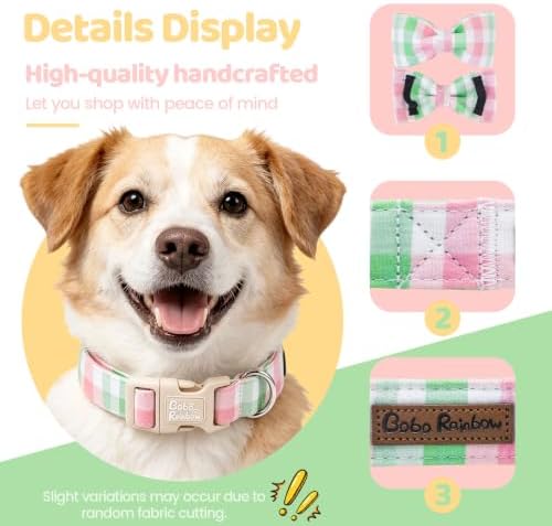 Pink Green Gingham Plaid Dog Collar with Bow for Medium Dogs