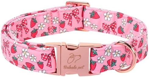 Strawberry Bow Dog Collar, Spring/Summer Pink Girl Dog Collars, Adjustable Heavy Duty Girly Female Dogs Collars for Small Medium Large Dogs with Metal Buckle XL