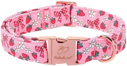 Strawberry Bow Dog Collar, Spring/Summer Pink Girl Dog Collars, Adjustable Heavy Duty Girly Female Dogs Collars for Small Medium Large Dogs with Metal Buckle S