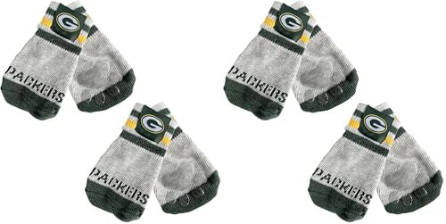 NFL Green Bay Packers Anti Slip Dog Socks with Elastic Ribbed Top, Size X-Small/Small. Indoor/Outdoor Socks, Best Dog Paw Protector, 2 Pairs, Cool Puppy Supplies with NFL Logo of Packers Team