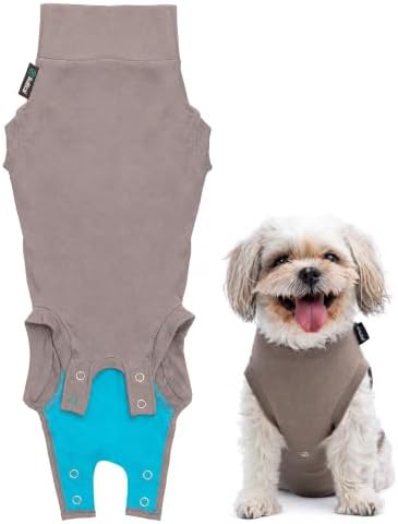 Suitical - The Original Dog Surgery Recovery Suit - Replace E-Collar & Cone - Spay, Neuter, Wounds, Prevent Licking - XSmall - Neck to Tail 15.7-17.7in - Chest 18-24in - Weight 18-28lbs Sandstone Grey