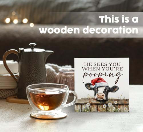 Christmas cows Home Bathroom Decor Sign - Farmhouse Western Christmas Animal Bathroom Decor,Rustic Farm Animal He Sees You When You're Pooping Signs,cows Gifts for Women