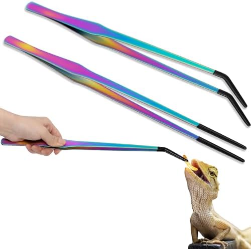 Lasnten 2 Pcs Extra Long Stainless Steel Reptile Feeding Tongs with Rubber Tip 15 Inch Bearded Dragon Aquarium Straight and Curved Long Tweezer Terrarium Feeder Tool for Tank (Colorful)