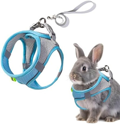 Rabbit Harness and Leash Set Escape Proof, Adjustable Soft Padded Vest, Breathable Mesh Bunny Harness with Reflective Strap, Safe for Small Animals(Blue,S)