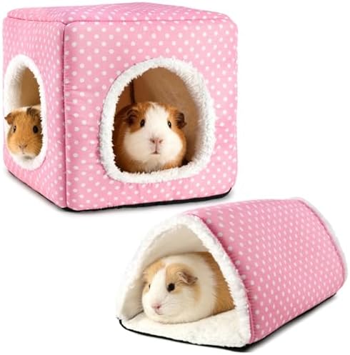Guinea Pig Hideout, Dwarf Rabbit Bed with Play Tunnel, Washable Fleece House for Dwarf Bunnies, Chinchillas, Hedgehogs, Small Animal Cage Accessories Pink Dot