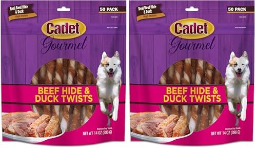 Cadet Gourmet Twists Sticks- Long Lasting & Natural Dog Treats for Large & Small Dogs Beef Hide & Duck - Inspected & Tested in USA (50 Count) (Pack of 2)