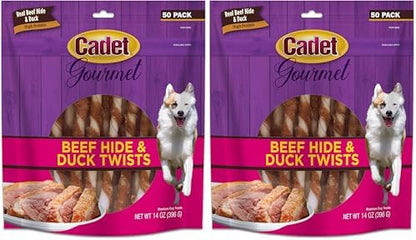 Cadet Gourmet Twists Sticks- Long Lasting & Natural Dog Treats for Large & Small Dogs Beef Hide & Duck - Inspected & Tested in USA (50 Count) (Pack of 2)