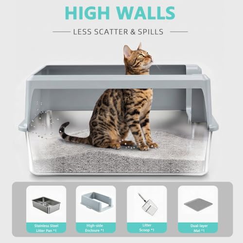 WoofiGo XL Stainless Steel Litter Box, High Sided Litter Pan for Big Cats