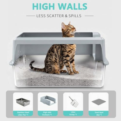 WoofiGo XL Stainless Steel Litter Box, High Sided Litter Pan for Big Cats