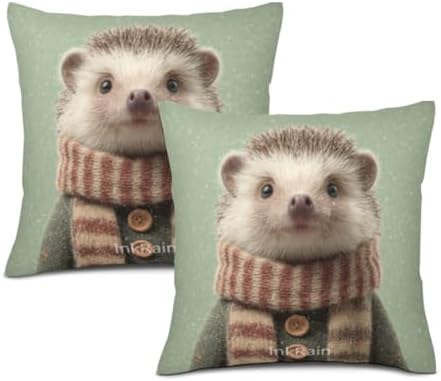 InkRain Winter Animal Cute Hedgehog Pillow Cover 20x20 Inch Set of 2 Home Decor Decorative Cotton Linen Illustration Pillowcases for Living Room House Sofa