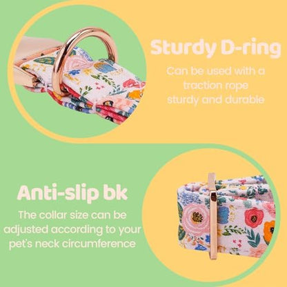 Spring Dog Collar, Blue Floral Print Pet Collars Light Pink Cute Durable Metal Buckle Girl and Boy Dog Collars Adjustable for Small Medium Large Dogs
