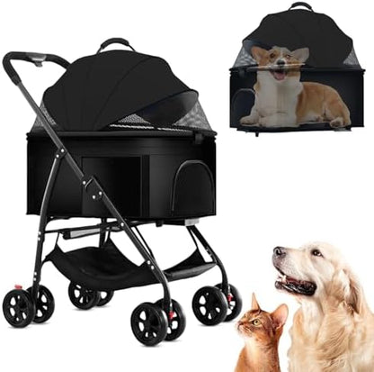 3 in 1 Dog Strollers 4 Wheels Folding Pet Stroller with Detachable Carrier Multifunction Portable Dogs Travel Carriers for Medium Small Puppy Kittens(Solid Black)