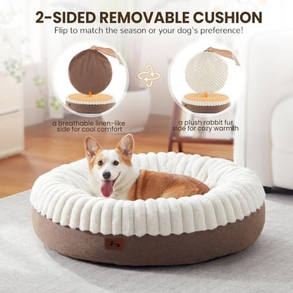 Donut Dog Bed Medium Size Dog 36 Inch, Round Cat Beds for Small Medium Dogs and Cats with Washable Fluffy Faux Fur, Cute Comfort Pet Bed with Anti-Slip Bottom, Cream