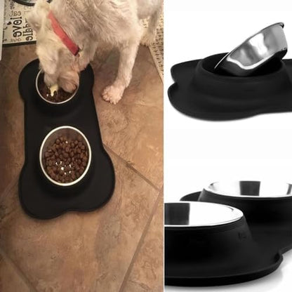AsFrost Dog Food Bowls Stainless Steel Pet Bowls & Dog Water Bowls No Spill Non Skid, Feeding Bowls with Dog Bowls Silicone Mat for Small Medium Large Size Dogs, Cat Pet Dog Dishes Set, Black, 3 Cup