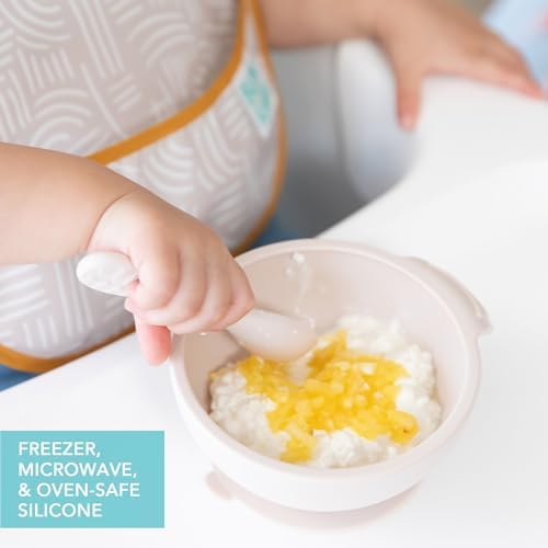 Bumkins Feeding Set with Suction, Includes Spoon and Lid, Training Essentials for Baby-Led Weaning, Toddler Self-Feeding, Babies Eating at 4 Mos Up, Beige