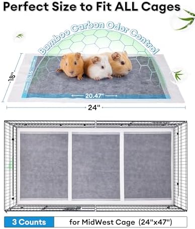 BUCATSTATE 50 Count Disposable Guinea Pig Cage Liners, Super Absorbent Guinea Pig Bedding, Bamboo Charcoal Odor Control Pee Pads for Rabbits, Ferrets and Small Animals (18''x24'')