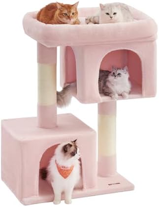 Feandrea Cat Tree, 40.6-Inch Tall Cat Tower, Cute Plush Condo, Jelly Pink