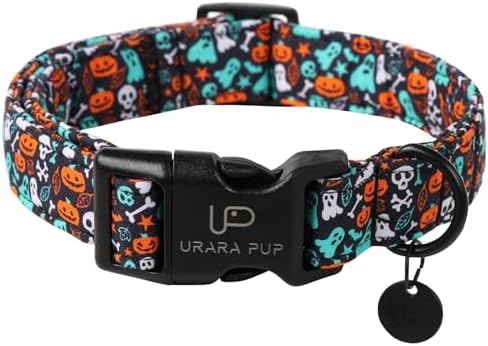 Halloween Dog Collar, UP URARA PUP Cotton Skull Ghost Dog Collar for Dog, Fall Pet Collar with Halloween Elements Pattern, Adjustable Puppy Collar,M,Neck 13.5-22in