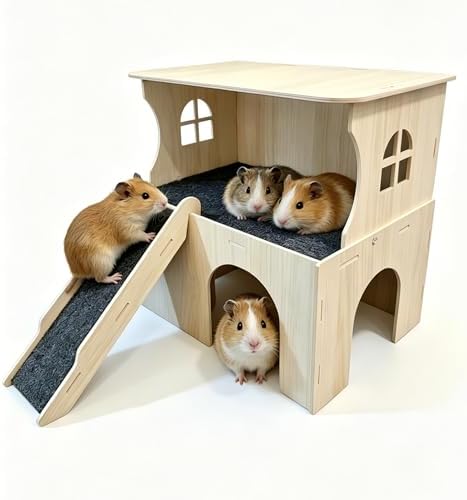 Large Wooden Guinea Pig Hideout Castle, 2-Story Guinea Pig House Bed & Hut with Stairs & Platform, Small Animal Habitat for Hamsters Rabbits Chinchillas, Easy Assembly