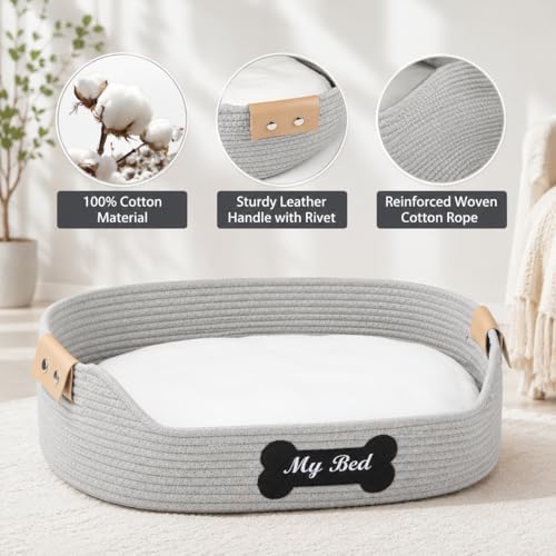 Cat Beds for Indoor Cats, 21.6''X15.7'' Cotton Rope Kitty Nap Bed with Soft Cushion, Handwoven Basket - Scratch Resistant