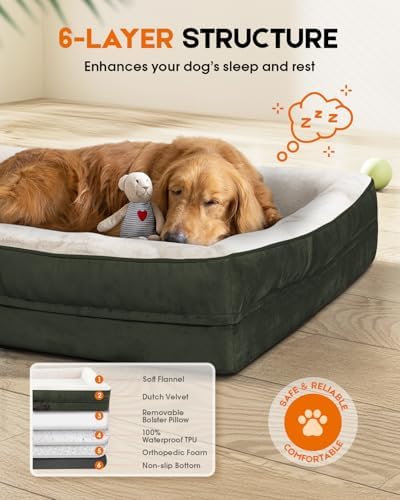 Upvilla Orthopedic Dog Bed XXL, Four-Sided Dog Sofa, Washable Cover, Green