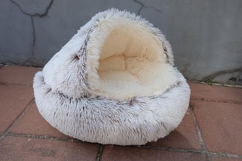 ZaneSun Calming Round Dog Beds &Cat Cave Bed with Hooded Cover,Plush Fluffy Dog Bed Anti-Anxiety Cat Cave Bed,Waterproof Bottom Washable (Coffee, 25.6X 25.6inch)