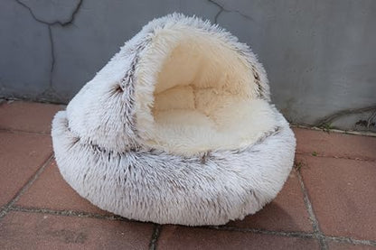 ZaneSun Calming Round Dog Beds &Cat Cave Bed with Hooded Cover,Plush Fluffy Dog Bed Anti-Anxiety Cat Cave Bed,Waterproof Bottom Washable (Coffee, 25.6X 25.6inch)