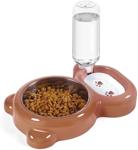 Dog Bowls, Cat Food and Water Bowl Set with Water Dispenser and Stainless Steel Bowl for Cats and Small Dogs - Brown