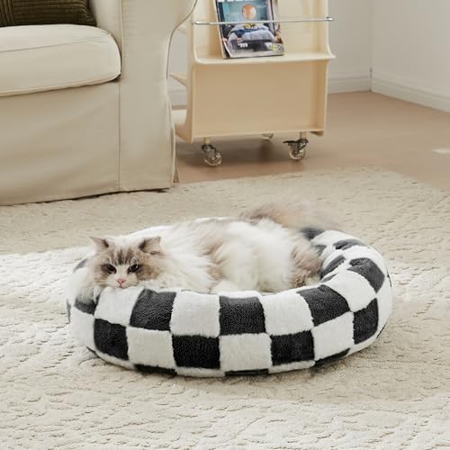 Ohocut Checkered Cat Dog Bed, Cute Black White Retro Style Aesthetic Round Warming Pet Calming Beds for Small Dog and Cats, Plush Cozy Donut Beds Washable, 23" L x 23" W x 8" Th