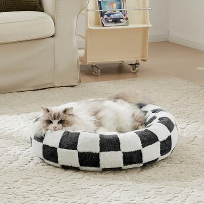 Ohocut Checkered Cat Dog Bed, Cute Black White Retro Style Aesthetic Round Warming Pet Calming Beds for Small Dog and Cats, Plush Cozy Donut Beds Washable, 23" L x 23" W x 8" Th