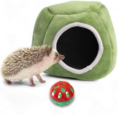 Hedgehog Hideout Nest with Bell Ball Toy, Cave Bed Nest Hedgehog Hideout, Guinea Pig Bed, Small Animals Warm House Cage Supplies, Hedgehogs Accessories, Hamster Cage Accessories (Green Hide)