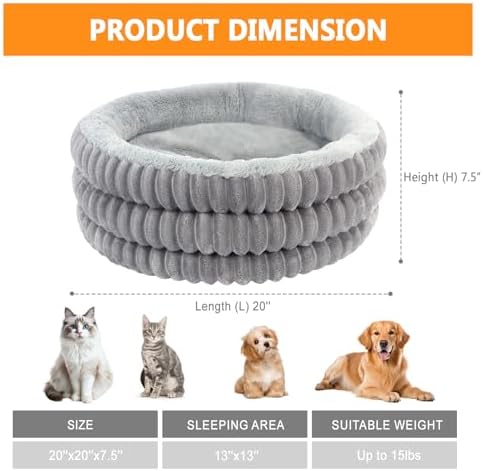 Cat Bed, 20’’ Round Donut Fluffy Cat Beds for Indoor Cats and Small Dogs, Washable Deep Sleep Calming Pet Bed Kitten Bed