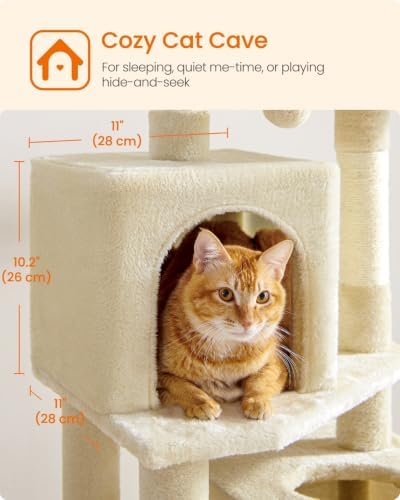 Feandrea Cat Tree, 59.5-Inch Tall Cat Tower, Multi-Level Condo, Beige