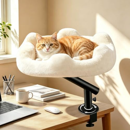 Cat Desk Bed, 360° Rotatable Adjustment Desk Cat Bed, Supports 40 lb, Detachable & Washable Cat Bed for Desk with Soft Faux Fur, for Remote Workers, Office Staff and Gamers