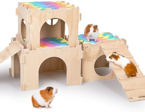 Unicorn Catcher 3 Pack Wooden Guinea Pig Hideout House with Stairs & Mats