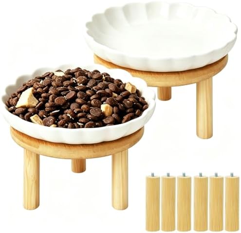 Elevated Cat Bowls with Bamboo Stand, Ceramic Raised Cat Bowl Set of 2, 5.9 Inch Whisker Friendly Anti Vomiting Cat Food Bowls for Dry and Wet Food
