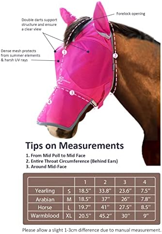 Harrison Howard UV-Proof Forelock Opening Reliable Protection Horse Fly Mask Long Nose with Ears Magenta Horse Large