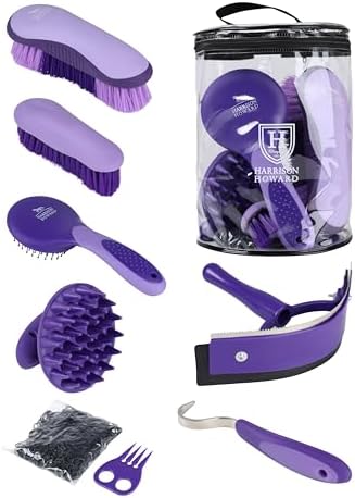Harrison Howard Horse Grooming Kit, 7 Piece Horse Brush Set with Curry Comb, Hoof Pick, Sweat Scraper & Bag Purple