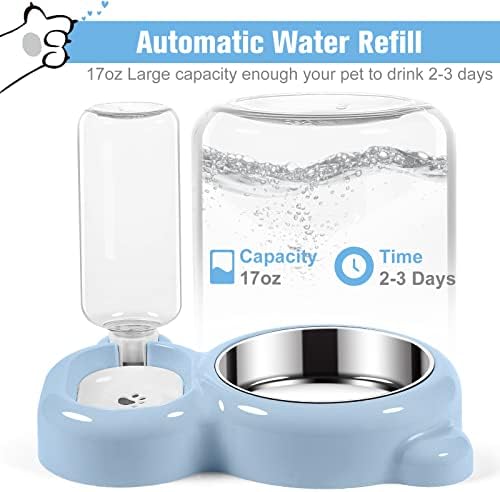Dog Bowls, Cat Food and Water Bowl Set with Water Dispenser and Stainless Steel Bowl for Cats and Small Dogs - Light Blue