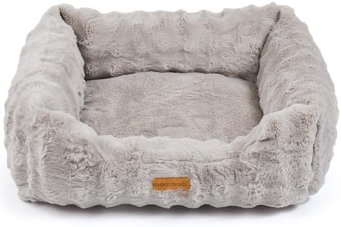 Modern Threads Brushed Long Pile Rabbit Fur Cuddler Dog Bed, Bolstered Supportive Sides, Calming Nest Design, Removable Washable Cover, Bed for Small to Medium Dogs, Stone, (24" L x 20" W x 8" Th)